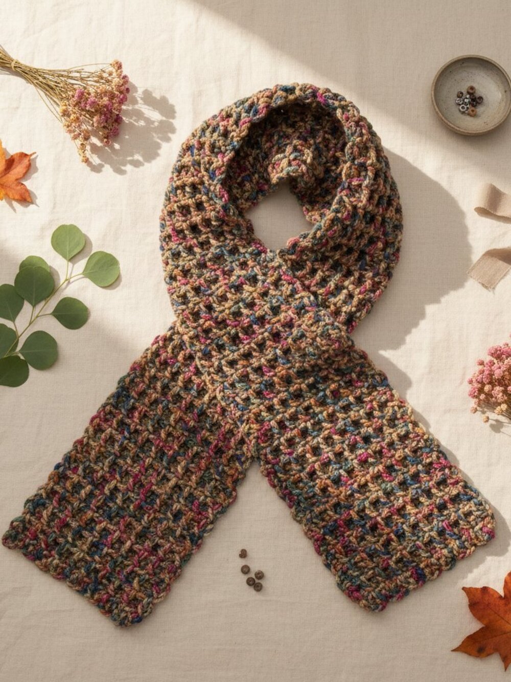 Autumn Tapestry Waffle Stitch Crochet Scarf | Comfy Handmade Scarf
